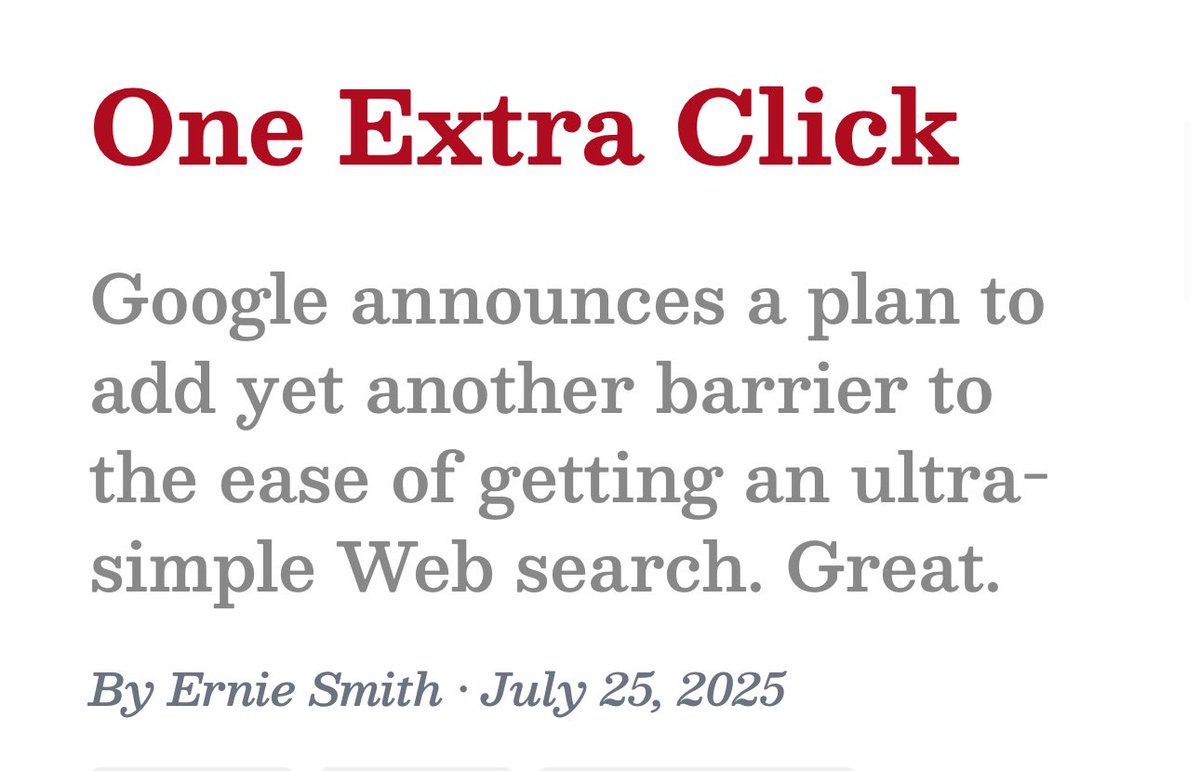 ichbinGisele's tweet image. “Like it or not, Google has a business to run and it is not going to let something as simple as the desires of its end users get in the way of all that.” ~ @ShortFormErnie
🔗 tedium.co/2025/07/25/goo…