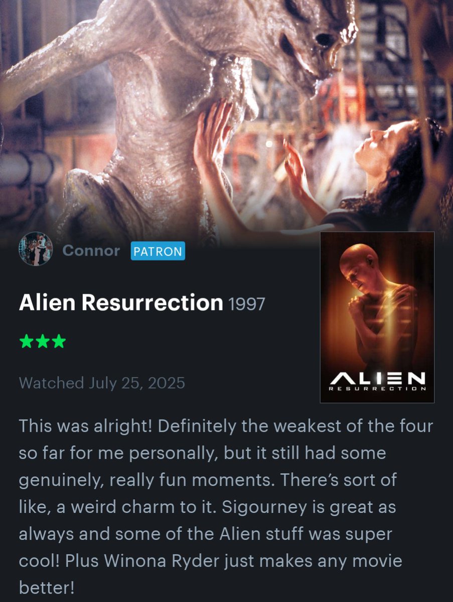 TerrifierTapes_'s tweet image. Alien Resurrection (1997) review.
The weakest so far in my opinion but still enjoyable!
My ★★★ review of Alien Resurrection on Letterboxd boxd.it/atuSQ7