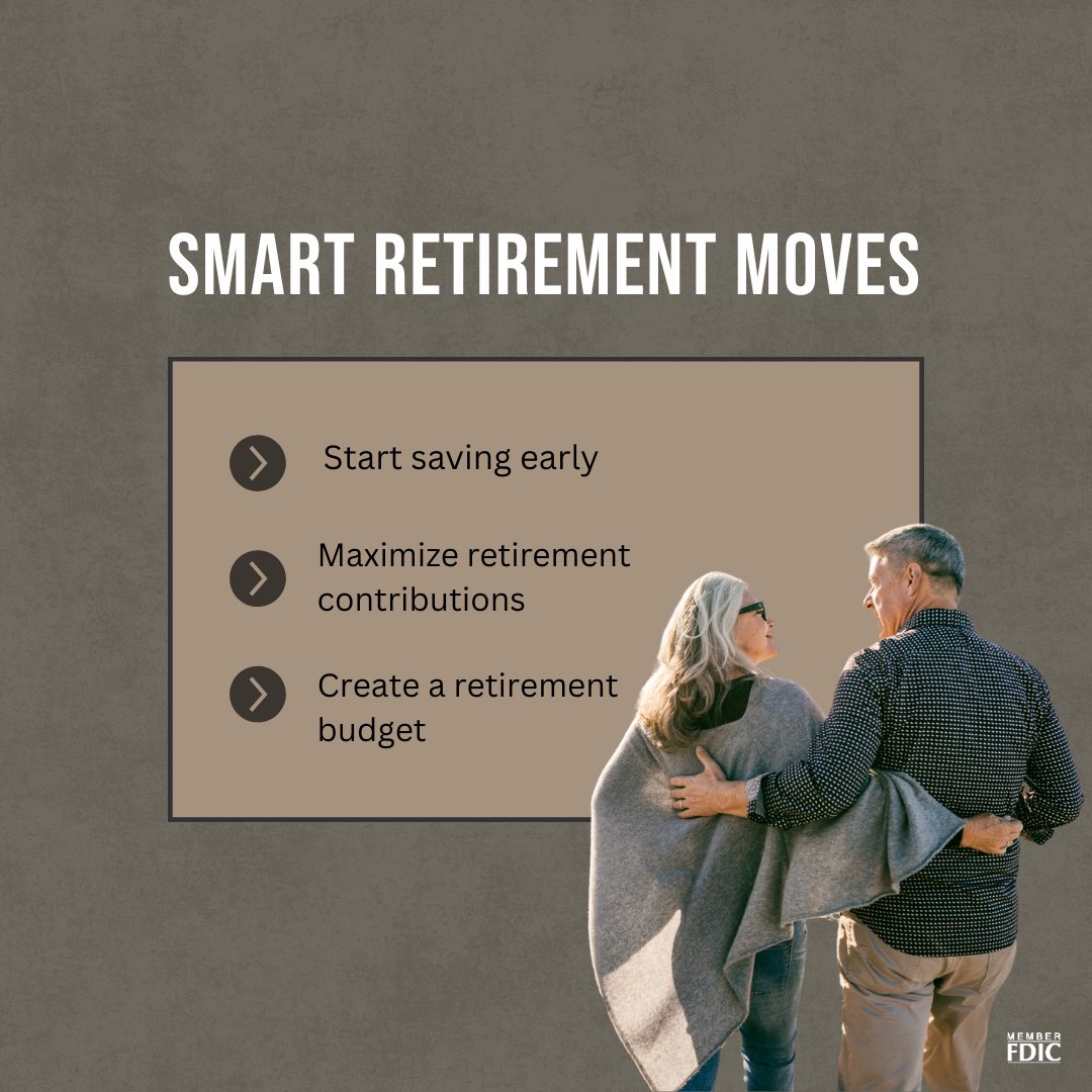 Smart Retirement Moves Start Today!

Set yourself up for a confident future with these key steps:

Start Saving Early - More time = more growth
Maximize Contributions - Take full advantage of your 401(k) or IRA
Create a Budget - Know what you'll need and plan ahead