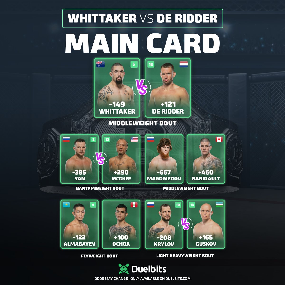 Duelbits's tweet image. Fight Night: Whittaker vs. de Ridder 💥
Abu Dhabi goes off early tomorrow!
🎰 Bet $50 Get 25 Free Spins
🚀 Mega Boosts on Fight Night
💎 Free-to-Play 1 BTC Jackpot