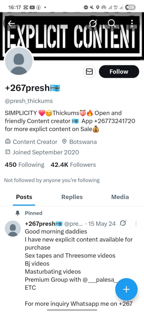 BWP_1337's tweet photo. Abo go nna le this predatory pervert — Kagiso Phaganyane. This guy o tshidisa our sisters bokete
He hides behind a catfish persona called Precious T. Marumo — a woman who doesn’t exist(he just uses images of a south african lady named Phindile Rooiland), but has managed to gain 10k followers on Facebook and a massive 44k+ following on Twitter/X under the handle @presh_thickums.
The Presh Thickums account is all about selling “explicit content.” But if he’s a man… then whose content is he actually selling?
That’s where it gets disgusting.
He steals content — mostly videos of local sex workers — and sells them. If the video shows someone’s face, he keeps it for leverage. He’ll then start messaging the victim with different, harassing them for more videos, threatening to leak the explicit ones with their face if they don't cooperate.
And he doesn't stop there.
He uses that same Precious Marumo persona to go into girls' DMs — on Facebook, IG, TikTok — usually targeting girls with a bit of following or those seen as “influencers.” He’ll claim “Precious” is making a lot of money selling adult content and can help them do the same.
He tells them he needs to set up a creator account for them, and that he'll do it for them — all they need to give him is their email and password.
And sadly, some do.
Once he has access, he logs into their Gmail and goes straight to Google Photos — where he starts combing through photo backups. Many people don’t even know their nudes and videos are automatically backed up there.
If he finds anything explicit, he quietly downloads it. Then starts messaging the victim using different phone numbers, trying to extort them. He’ll demand more content or threaten to leak what he found.
He’ll even trade that content with other predators — including Martin Banyatsi, the man from the previous exposé — or he’ll just sell it directly to his 44k Twitter followers.
So how do we know all of this leads back to him?
Simple. He’s not as smart as he thinks he is.
• The bio of @presh_thickums lists the number +267 73241720 — which is registered directly to Kagiso Phagenyane.
• When you message that account to buy content, they tell you to send money to +267 77505775 and suprise surprise its also registered to Kagiso.
• In some cases this Precious persona would arrange 3sum for video shooting, and guess who is the man they arrange with?? Yup you guessed it its Kagiso.
This is not just sick. This is criminal.
This is:
Revenge porn
Digital impersonation
Extortion
Identity theft
Distribution of non-consensual pornography
A violation of Botswana’s Cybercrime and Data Protection Acts
📷 If you’ve ever shared your email and password with this person — CHANGE THEM NOW.
📷 If you think he has your content, go to the police and file a case.
📷 File takedown requests with X.
📷 And please, report @presh_thickums on Twitter and every other account using the name Precious T Marumo.