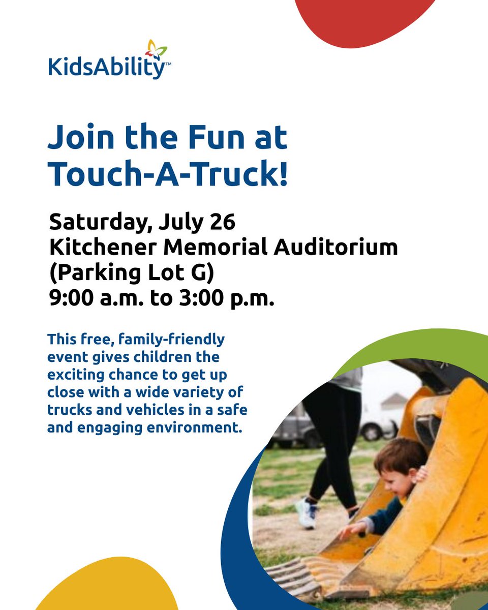 KidsAbility is thrilled to be part of the Touch-A-Truck event hosted by the Landscape Ontario Waterloo Chapter on Saturday, July 26, 2025, at the Kitchener Memorial Auditorium (Parking Lot G) from 9:00 a.m. to 3:00 p.m.