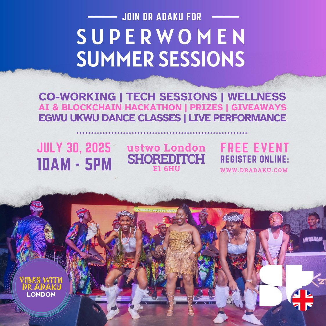 DrAdaku's tweet photo. 30th July 2025 🫶🏾 London - let’s vibe! ✨ VIBES WITH DR ADAKU LONDON: SUPERWOMEN SUMMER SESSIONS ✨ Co-working. Tech. Wellness. Movement. Music. And a whole lot of joy, sisterhood, announcements and surprises 🎁. For superwomen: mamas, aunties, daughters, nieces - we got you! @SuperteamUK 

📍 Shoreditch, London
🗓️ July 30, 2025 | ⏰ 10AM – 5PM
🎟️ FREE — RSVP now at https://t.co/TPEDO7VRvR

Expect…
🔥 Live music from DR ADAKU
💃🏾 Egwu Ukwu dance class (yes, we’re livestreaming!)
💻 Tech + wellness talks
👩🏾‍💻 Mini AI + Blockchain hackathon 
🌸 Vibes for mothers, aunties, creatives, builders, and YOU

What does being a superwoman mean to you?

#VibesWithDrAdaku #SuperwomenSummer #EgwuUkwuLive #LondonEvents #SolanaSuperteam #WomenInWeb3