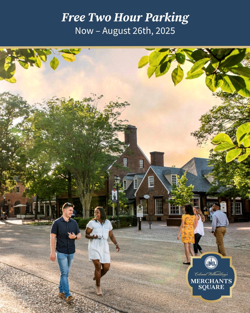 ✨ Enjoy More for Less in Merchants Square!

Now through August 26, 2025, guests can take advantage of FREE 2-hour parking in Lots P2, P3, P4, and P5!

Shop, dine, and explore—worry-free. 🛍️🚗🍦

#MerchantsSquare #FreeParking #SummerDays #ShopLocal #ColonialWilliamsburg