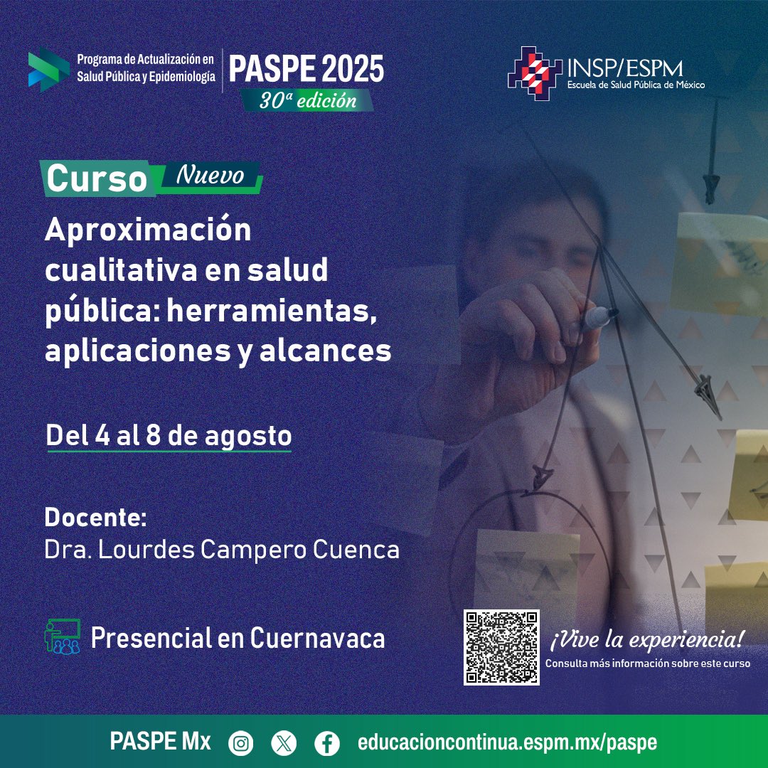 #CursosPASPE 📚 Sumérgete en el enfoque cualitativo para analizar fenómenos complejos en salud pública 🔍 Aprende a recolectar, sistematizar e interpretar datos sociales y sanitarios con entrevistas, observación y grupos focales 🧠📑

¡Únete! 💻 🫱🏻‍🫲🏼
🔗 bit.ly/4j84lgd