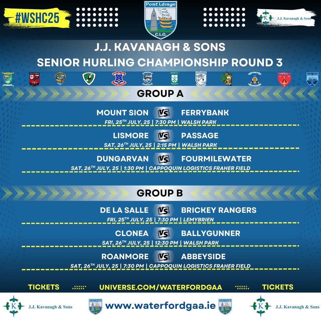 Waterford GAA (@waterfordgaa) on Twitter photo JJ Kavanagh & Sons County Senior Hurling Championship - Group B - Rd 3
🗓️ 26/07/2025
<a href="/CloneaGAA/">Clonea Gaa</a> v <a href="/ballygunnerHc/">Ballygunner GAA</a>
⏰ 12:30
📍 Walsh Park, Waterford
🎟️ Match Tickets / Weekend Pass: linktr.ee/waterfordgaa JJ Kavanagh & Sons County Senior Hurling Championship - Group B - Rd 3
🗓️ 26/07/2025
<a href="/CloneaGAA/">Clonea Gaa</a> v <a href="/ballygunnerHc/">Ballygunner GAA</a>
⏰ 12:30
📍 Walsh Park, Waterford
🎟️ Match Tickets / Weekend Pass: linktr.ee/waterfordgaa