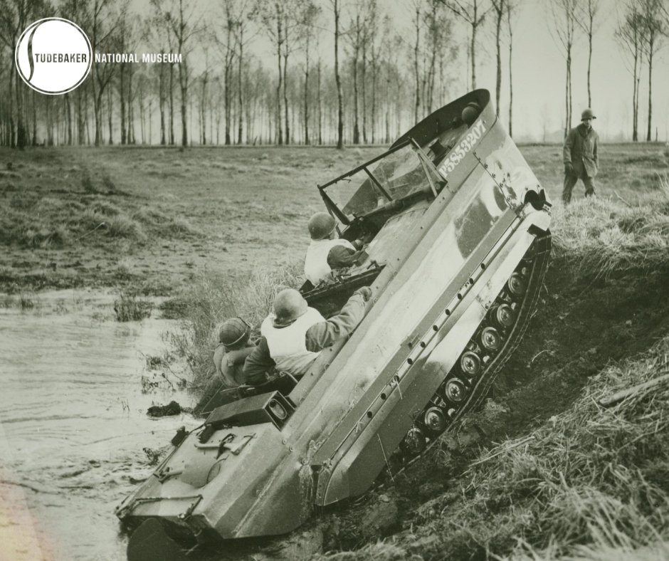 You may have seen a Studebaker Weasel here at the Museum, but have you ever seen it in action? This image shows the vehicle emerging from water up a steep muddy hill. Pretty impressive, right?