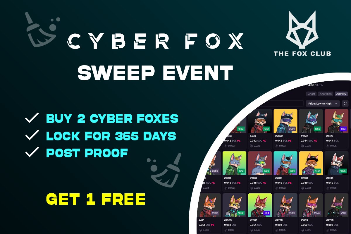 NEW SWEEP EVENT LIVE! 🧹

Airdrop for 365 stakers soon 👀🪂

Now is your chance to increase your locked holdings! 🔐

❌ Do not try to trick the system by listing your own foxes and buying them back, we are watching! 👀

ME:
magiceden.io/marketplace/cy…

Tensor: