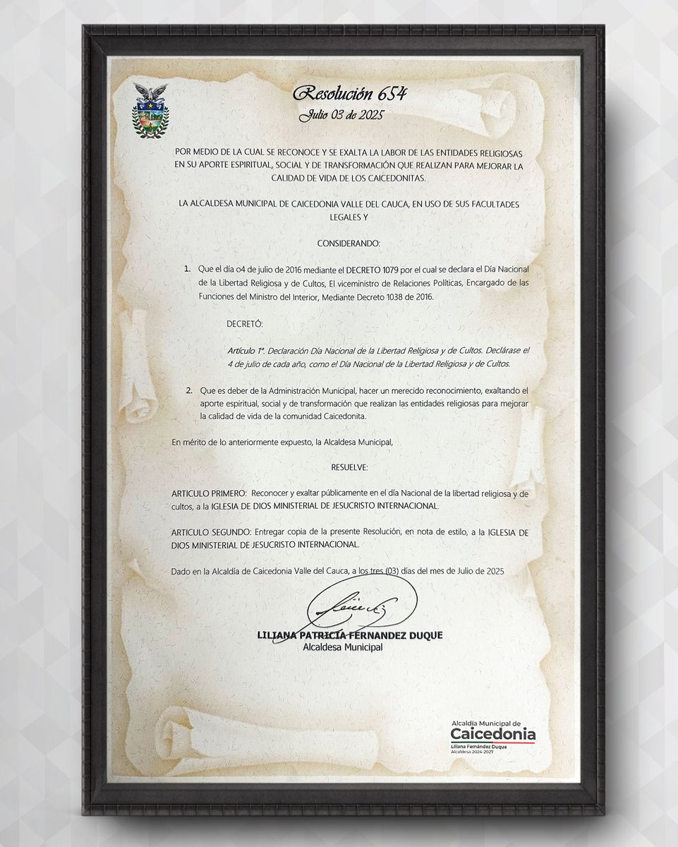 📜 Reconocimiento de la Alcaldía de Caicedonia, Valle, Colombia a la IDMJI - Julio de 2025
idmji.org/reconocimiento…

La Alcaldía Municipal de Caicedonia, Valle del Cauca, otorgó un reconocimiento especial a la Iglesia de Dios Ministerial de Jesucristo Internacional el pasado 3 de
