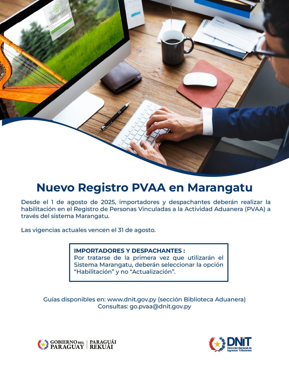 DNITpy's tweet photo. 💻 Registro de Personas Vinculadas a la Actividad Aduanera PVAA a través del Sistema Marangatu.

🗓 Desde el 1 de Agosto.

📚 Consultá las guias en https://t.co/SOZzO5M1g7 sección Biblioteca Aduanera / Personas Vinculadas a la Actividad Aduanera. https://t.co/gBeELo08Iv