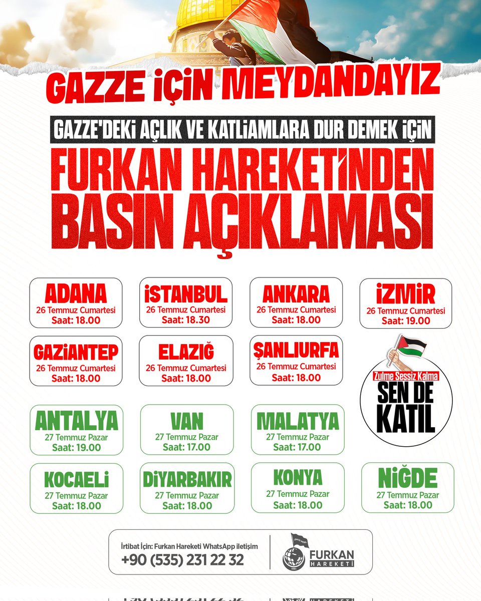 🇵🇸 Furkan Hareketinden Gazze'deki Açlık ve Katliamlara Karşı Basın Açıklaması 

Türkiye'nin dört bir yanında Gazze için meydanlarda olacağız. 

Zulme Sessiz Kalma SEN DE KATIL!

#GazzeAçlıktanÖlüyor

Detaylı bilgi için: 
furkanhareketi.com/gazzedeki-katl…