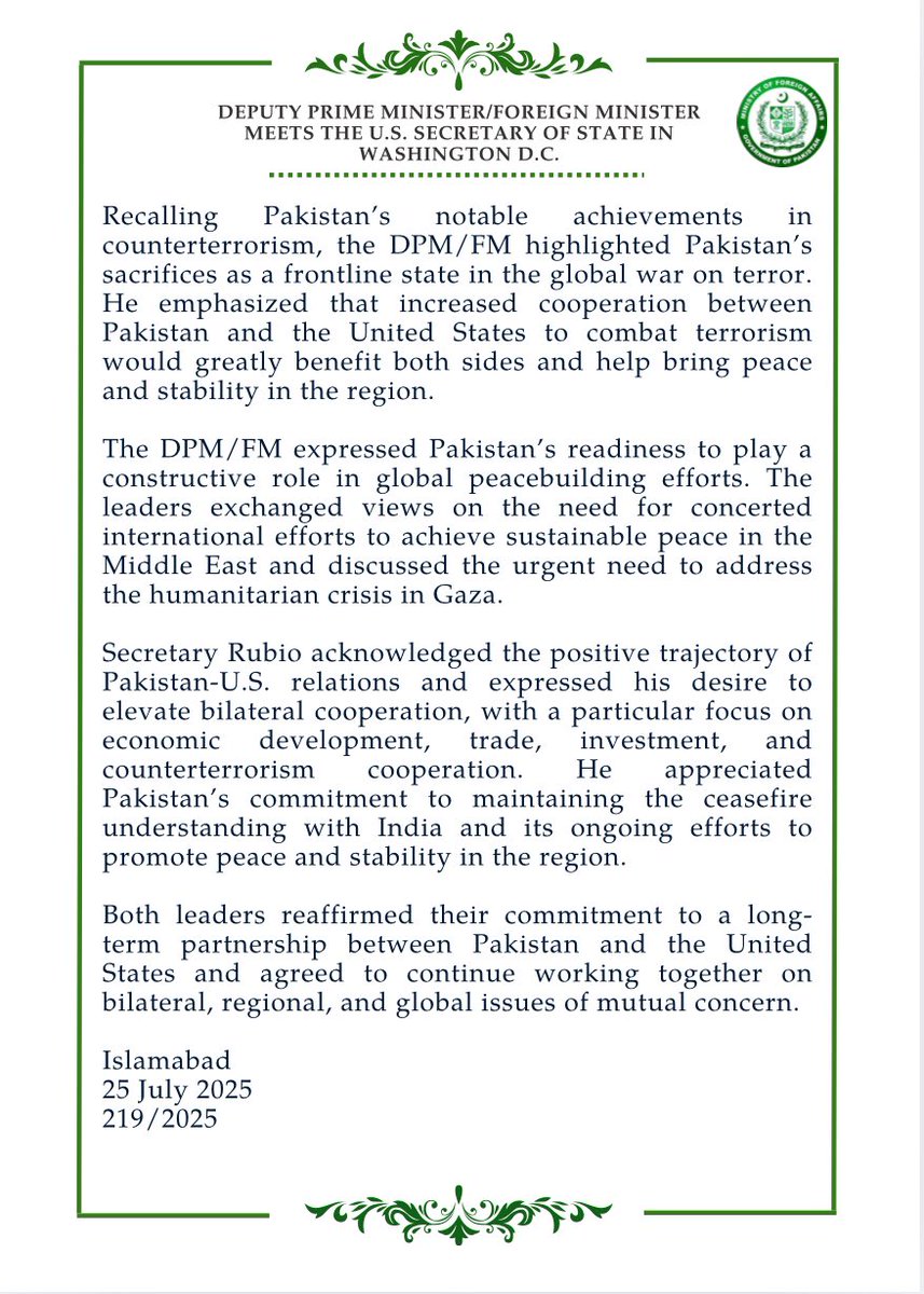 ForeignOfficePk's tweet image. 🔊PR NO.2️⃣1️⃣9️⃣/2️⃣0️⃣2️⃣5️⃣
Deputy Prime Minister/Foreign Minister @MIshaqDar50 Meets the U.S. Secretary of State @SecRubio in Washington D.C.
🔗⬇️
mofa.gov.pk/press-releases…
