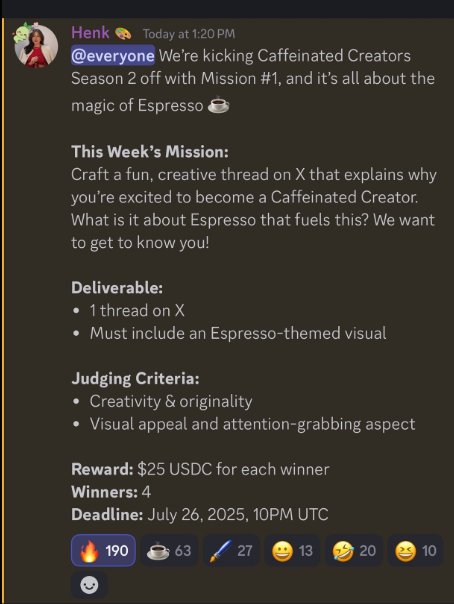 Harnie3rdWEB's tweet image. gEspresso Yappers.
The season 2 for @EspressoSys caffeinated creators ends on the 27 that's 24 hours from now.
$25 attached and possibly a discord role .
Drop your entries in this comment let's support each other.
WHY DO YOU WANT TO BE A CAFFEINATED CREATOR?.
