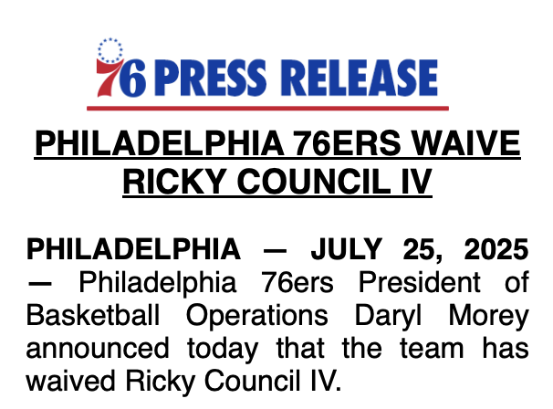 CiavoNBA's tweet image. Sixers announce they have waived Ricky Council IV