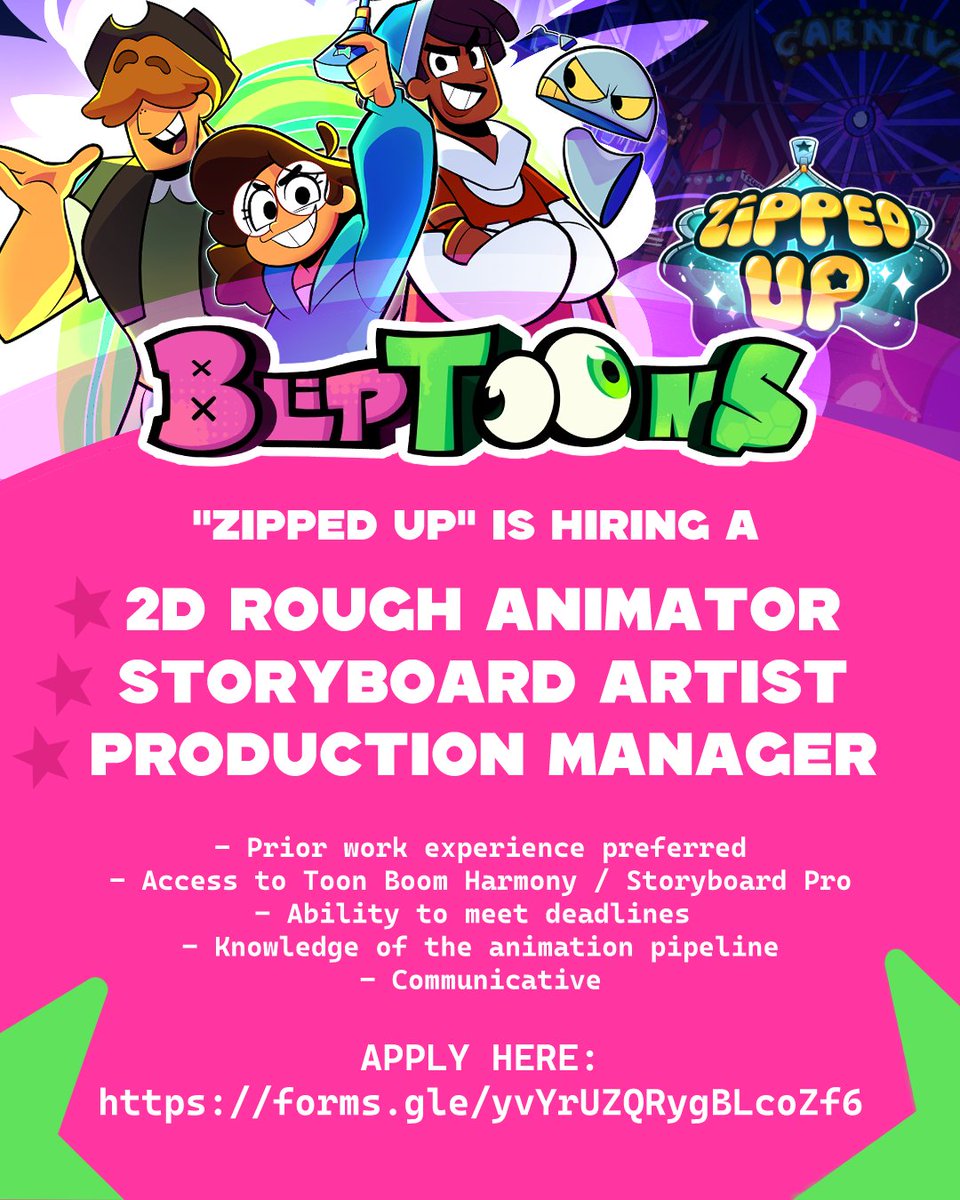 BLIP_TOONS's tweet image. 💗WE ARE HIRING!!💚
BlipToons is looking for a 2D ROUGH ANIMATOR, STORYBOARD ARTISTS, and a PRODUCTION MANAGER! This is a paid position.
Please fill out the form below if you're interested! forms.gle/t9hNFcJ5GWydgq…