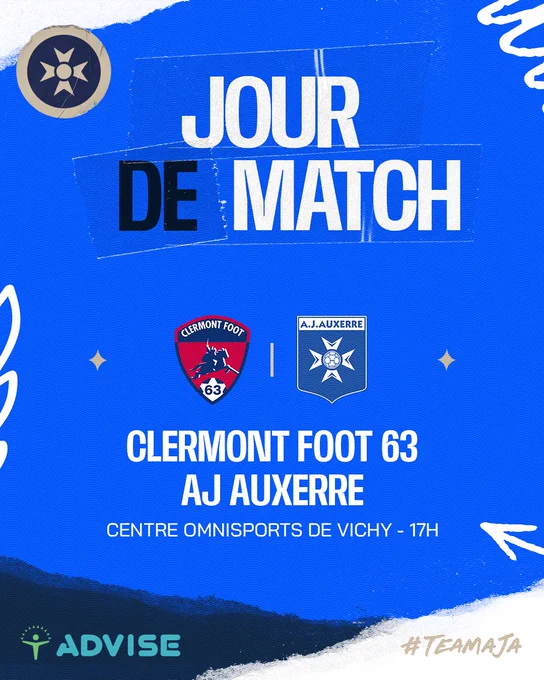🟦 𝐉𝐎𝐔𝐑 𝐃𝐄 𝐌𝐀𝐓𝐂𝐇 ⬜️ ⚽️ @ClermontFoot 🆚 #TeamAJA 🏟️ Parc Omnisports de Vichy, Terrain 1 ⌚️ 17h (2x60 minutes) #️⃣ #CF63AJA