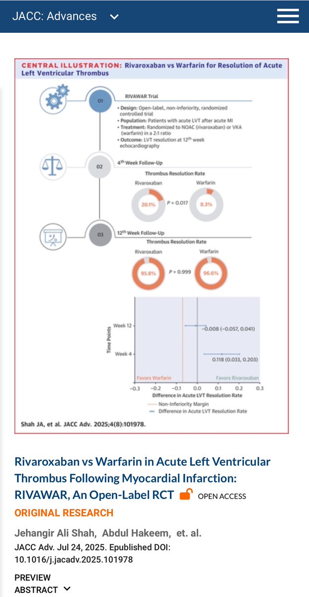 Rivaroxaban vs Warfarin in Acute Left Ventricular Thrombus Following Myocardial Infarction: RIVAWAR, An Open-Label RCT | JACC: Advances jacc.org/doi/10.1016/j.…