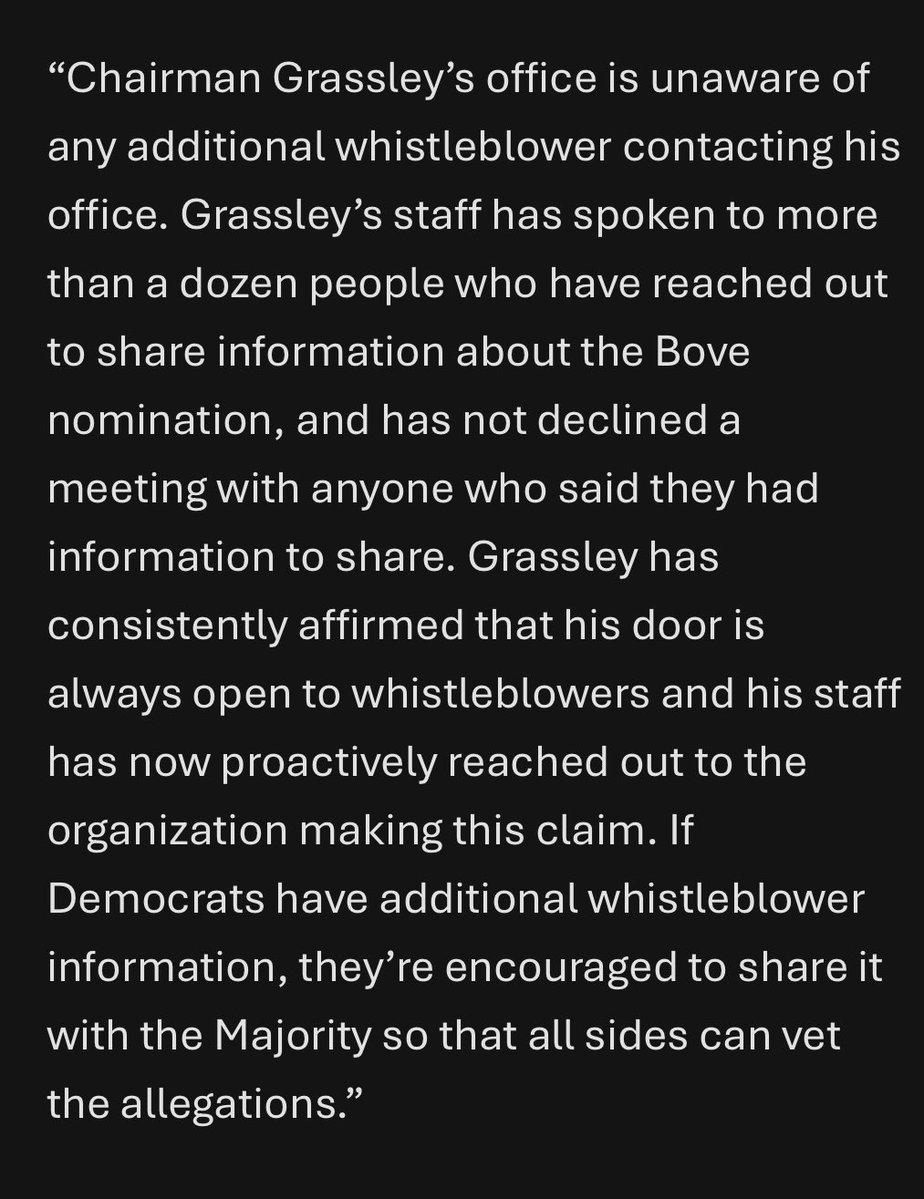 Benjamin S. Weiss (@benjaminsweiss) on Twitter photo Spox for Chuck Grassley says the Judiciary chairman is “unaware” of an additional whistleblower complaint and says his office has reached out to <a href="/wbaidlaw/">Whistleblower Aid</a> about the alleged new claims.
Whistleblower Aid has said they were submitted to DOJ’s inspector general. Spox for Chuck Grassley says the Judiciary chairman is “unaware” of an additional whistleblower complaint and says his office has reached out to <a href="/wbaidlaw/">Whistleblower Aid</a> about the alleged new claims.
Whistleblower Aid has said they were submitted to DOJ’s inspector general.