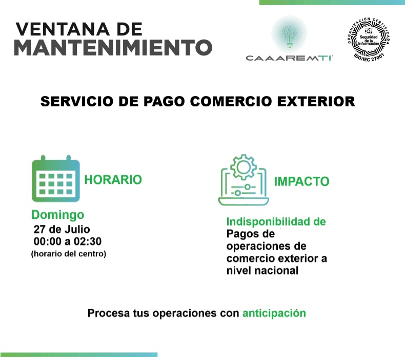 VENTANA DE MANTENIMIENTO SERVICIO DE PAGO COMERCIO EXTERIOR