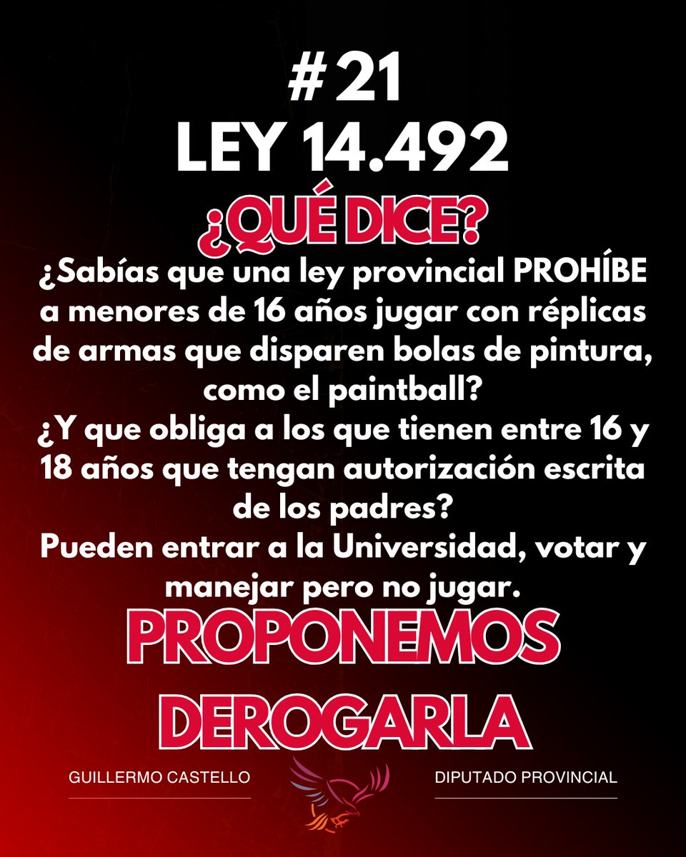 grcastello's tweet image. #21
Sabías que una ley PROHÍBE a menores de 16 años jugar con réplicas de armas que disparen bolas de pintura, como el paintball?
Y que exige a los que tienen entre 16 y 18 años una autorización escrita de los padres?
Pueden entrar a la Universidad, votar y manejar pero no jugar.