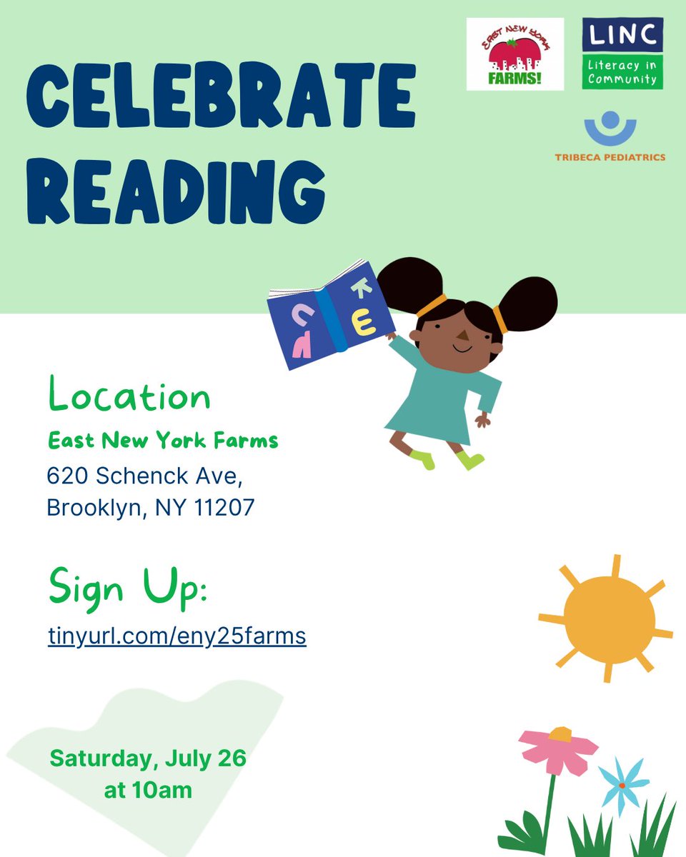 linc_nyc's tweet image. East New York—TOMORROW is your Summer Reading Celebration with @enyfarms + LINC! Enjoy a morning of stories, songs, dancing & tips to spark your little one’s love of reading all summer long. 📖💡
🗓️Saturday, July 26
⏰ 10-11 am
📋RSVP: tinyurl.com/eny25farms