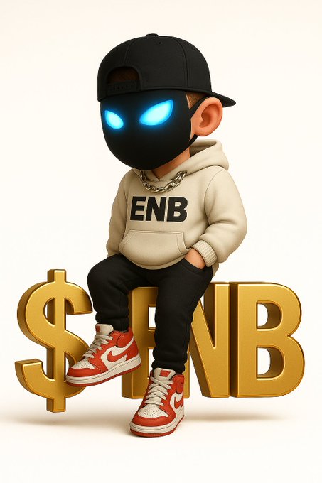 A stylized cartoon character wearing a black cap, hoodie with 'ENB' logo, and red sneakers, sitting on golden '$ENB' letters