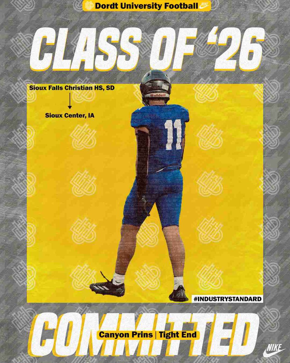 Canyon Prins ‘26 (@canyon_prins) on Twitter photo I am very excited and blessed to announce that I will be continuing my athletic and academic careers at Dordt
University.
Go Defenders ⚫️🟡
<a href="/coach_penner/">Joel Penner</a> <a href="/LeviJungling05/">Coach Levi Jungling</a> <a href="/n_bongo15/">Coach Nathan Kabongo</a> <a href="/BMcCormick08/">Brandon McCormick</a> <a href="/CoachTeiger/">Coach Luke Munsterteiger</a> <a href="/DordtFB/">Dordt Football</a> <a href="/FootballSFC/">SFC Football</a> <a href="/Mr_CoachSmith/">Jared Smith</a> <a href="/SetzerElite/">Setzer Elite</a> I am very excited and blessed to announce that I will be continuing my athletic and academic careers at Dordt
University.
Go Defenders ⚫️🟡
<a href="/coach_penner/">Joel Penner</a> <a href="/LeviJungling05/">Coach Levi Jungling</a> <a href="/n_bongo15/">Coach Nathan Kabongo</a> <a href="/BMcCormick08/">Brandon McCormick</a> <a href="/CoachTeiger/">Coach Luke Munsterteiger</a> <a href="/DordtFB/">Dordt Football</a> <a href="/FootballSFC/">SFC Football</a> <a href="/Mr_CoachSmith/">Jared Smith</a> <a href="/SetzerElite/">Setzer Elite</a>