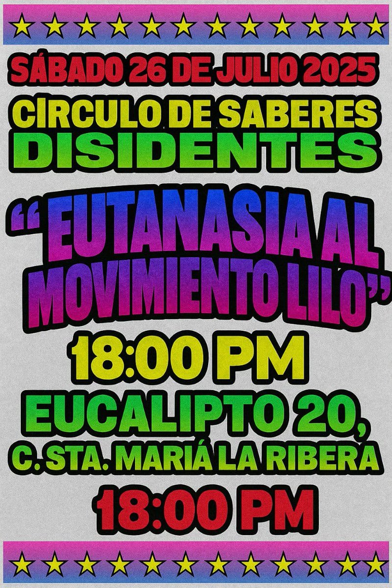 Acompáñanos este sábado 26 de julio, junto con el Círculo de saberes disidentes a analizar uno de los textos más polémicos de la historia del Movimiento Homosexual Mexicano, la "Eutanasia al movimiento Lilo (1984)".
28H
Entrada libre.