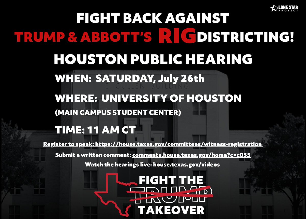 lsptex's tweet image. 🚨HOUSTON RESIDENTS PLEASE READ🚨
Show up and show out TOMORROW to protest the statewide rigged racial redistricting efforts.
Register to speak: house.texas.gov/committees/wit…
Submit a written comment: comments.house.texas.gov/home?c=c055
Watch the hearings live: house.texas.gov/videos