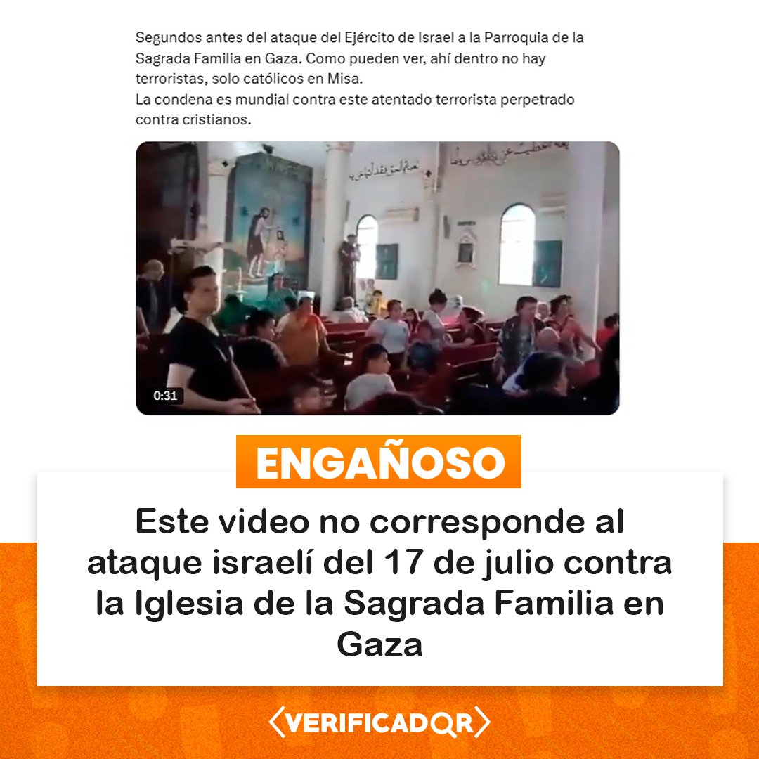 🔍 Se viralizó en redes un video que fue asociado con el reciente ataque del ejército de Israel a la única iglesia católica de Gaza. No obstante, corresponde a otro bombardeo que ocurrió a fines de 2023, a pocos metros de dicho templo.

👉 Nota completa: bit.ly/iglesia-gaza