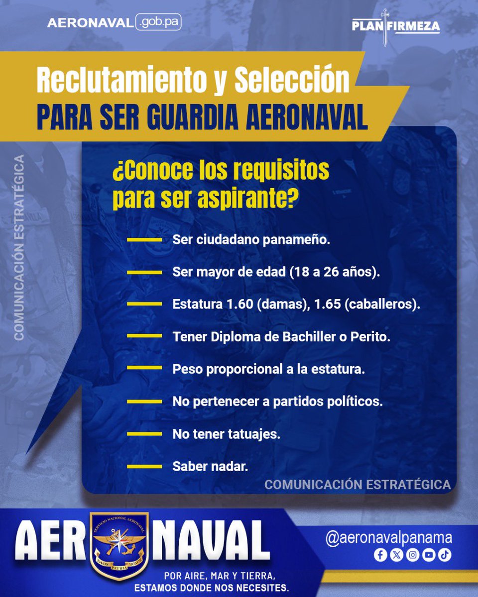 aeronavalpanama's tweet image. Conoce todos los requisitos esenciales para poder aplicar ⬇️ y postúlate para #GuardiaAeronaval, sirviendo con honor, valor y compromiso.
🚨Te recordamos que la #Aeronaval no utiliza intermediarios para el proceso de reclutamiento.🚨
#DiosPatriaYHonor
#FuerzaAeronaval💪🏻