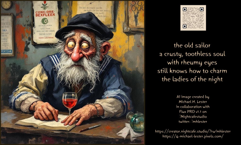 mhlester's tweet image. the old sailor
a crusty, toothless soul
with rheumy eyes
still knows how to charm
the ladies of the night
AI image created by
Michael H. Lester
in collaboration with
Flux PRO v1.1 on
@Nightcafestudio
creator.nightcafe.studio/?ru=mhlester
4-michael-lester.pixels.com