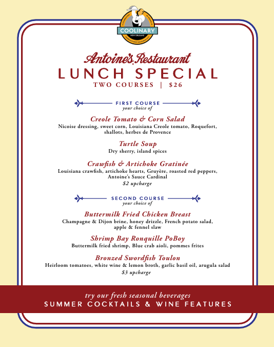 AntoinesNOLA's tweet photo. Start the weekend early, join us for the start of @VisitNewOrleans #COOLinary tomorrow for our 2-Course Lunch Special!!! Walk-ins welcome.

#antoinesnola #antoines1840 #lunchatantoines #coolinary2025 #visitneworleans #lunch #nolalunch #lunchtime #neworleanslunch https://t.co/9tprscDMxT
