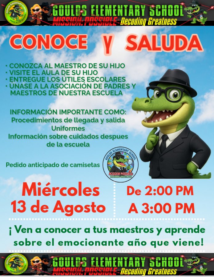 GouldsELMDCPS's tweet image. 🧡🐊 Goulds Elementary Meet &amp;amp; Greet!
📅 Wednesday, August 13th
🕑 2:00 PM – 3:00 PM
Come meet your teachers and get ready for a great school year #mdcpsyourbestchoice 
#MissionPossible #DecodingGreatness #GouldsElementary #MeetAndGreet