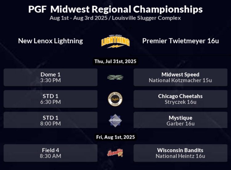 7/31-8/3/25
PGF Midwest Regional Championships Schedule: 
<a href="/tagupSoftball/">tagup</a>