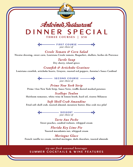 AntoinesNOLA's tweet photo. No need to figure out what's for dinner. We've got you covered!

Join us August 1-31 for @VisitNewOrleans #COOLinary. You're going to LOVE our 3-Course #Dinner Special Menu.

#Reservations are open. Call (504) 581-4422 or use @OpenTable. Walk-ins welcome.

#antoinesnola https://t.co/PFv3LBEFPt