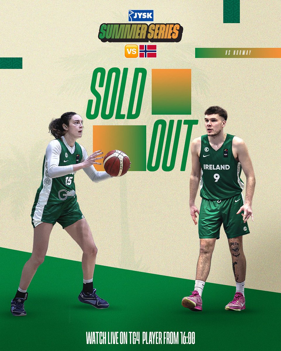 BballIrl's tweet image. The JYSK Summer Series is officially a sold out event ☘️
Excited to have a full house at the National Basketball Arena tomorrow for two huge preparation games! 🫡
Both games will be broadcast live on the @SportTG4 player from 16:00 📺
#GreenMeansGo ☘️ | #IrishBasketball