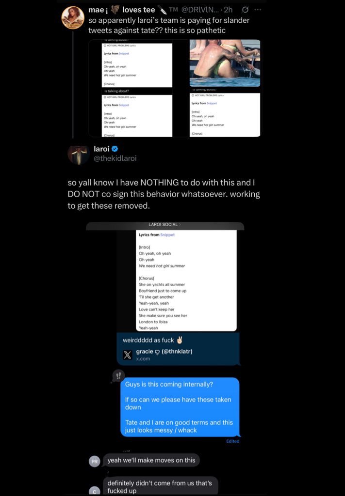 thekidlaroii's tweet image. Laroi & Tate McRae are on good terms.
He has nothing to do with any negative
posts towards her. He doesn’t co-sign
that behavior & he’s working to get those
posts removed.