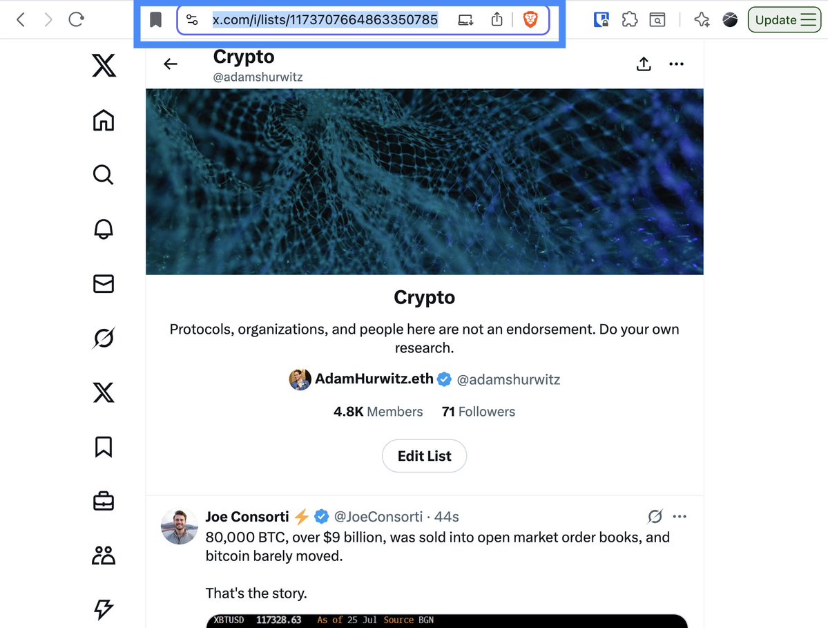 adamshurwitz's tweet image. May you share the public link to Crypto Fitness Geeks @juanaxyz00 🙏🏻🏋🏻♂️🔖
I can't find it and want to bookmark it in @brave to quickly open from the address bar. For example, you should be able to go into your created list and copy paste like I can do with my crypto list below.…