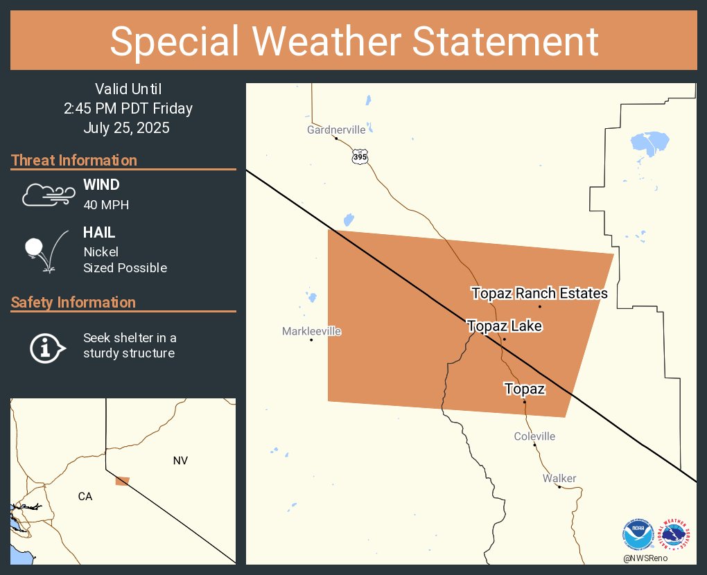 NWSReno's tweet image. A special weather statement has been issued for Topaz Ranch Estates NV, Topaz Lake NV and Topaz CA until 2:45 PM PDT #CAwx #NVwx