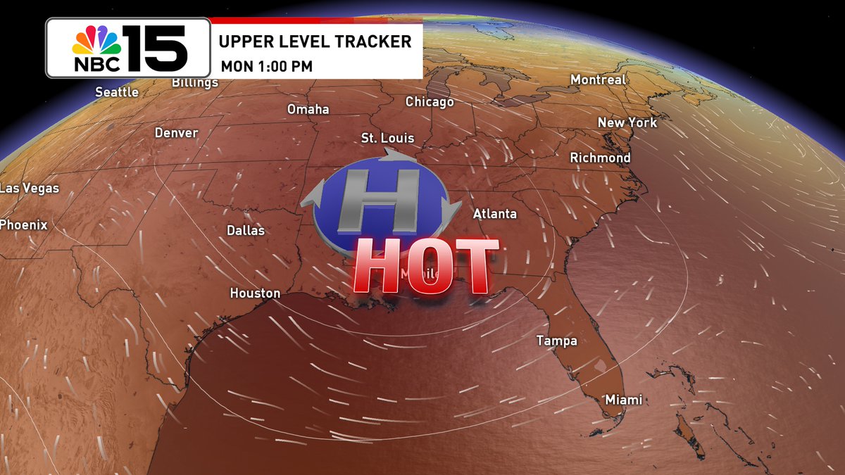 Kelly_WPMI's tweet image. Lingering moisture will keep things a little unsettled for Saturday with sct'rd storms, but by Sunday high pressure builds in & the heat will be on 🔥. Monday & Tuesday will bring upper 90s (which will be close to records) and heat index values likely above 110° 🥵. @mynbc15