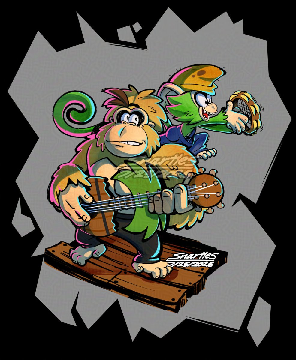 Snartles's tweet image. couple of monkey OCs I made after finishing DK Bananza, drew these in the style of the loading screen art!