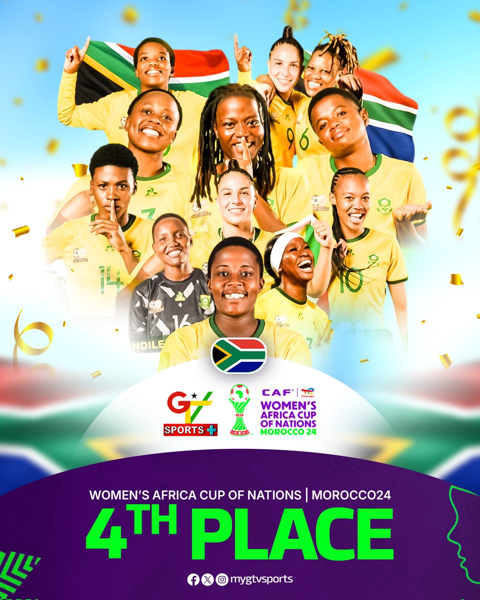 mygtvsports's tweet image. Banyana Banyana bow out with pride clinch 4th spot at WAFCON 2024.
#WAFCON2024
#GTVSports