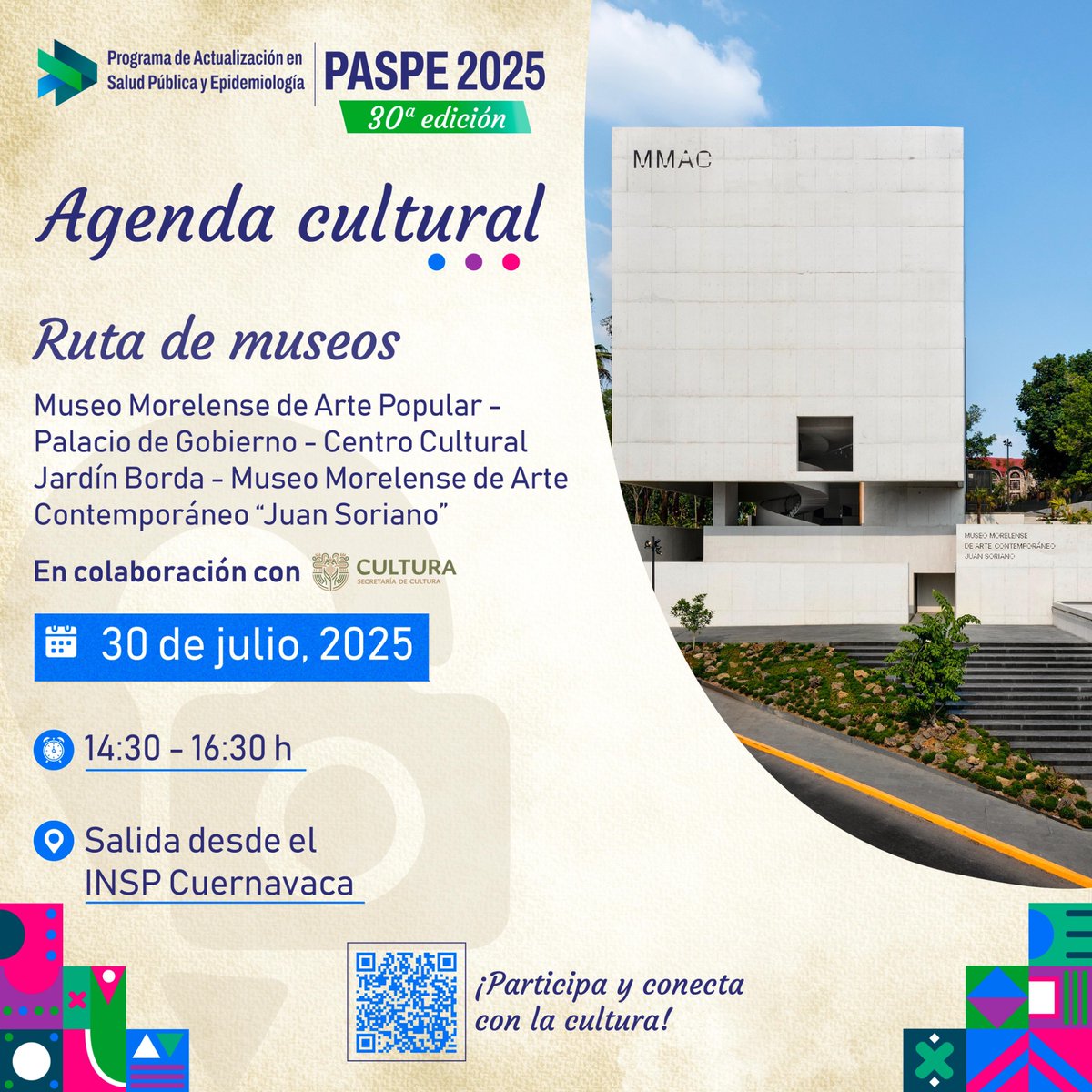 ¡Próxima semana en el <a href="/PASPEMx/">PASPE Mx</a>! 📣 Participa en la agenda cultural, esta semana te invitamos al taller de grabado: “Expresiones artísticas en relieve” y la ruta de museos en Cuernavaca 📍 

Registros:
🔗 bit.ly/3GZ5FF0
🔗 bit.ly/4nQmouO

¡Vive la experiencia! ✨