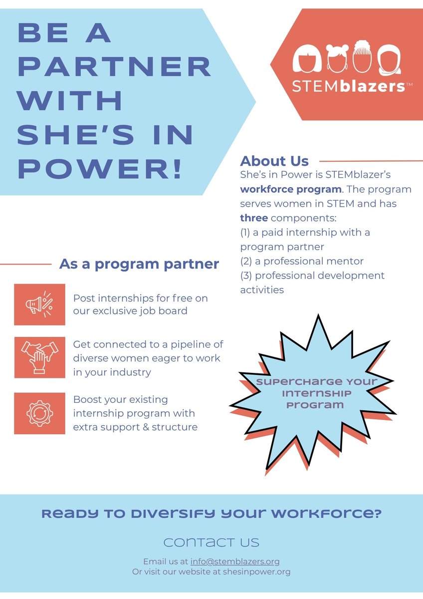 STEMblazers (@stemblazers) on Twitter photo She’s in Power is looking for industry partners in clean energy, biomedical, and other STEM fields to support our Fall and Spring workforce cohorts!
👉 Email Info@stemblazers.org to sign up or learn more.
#ShesInPower #STEMblazers #WorkforceDevelopment #CleanEnergy #Biomedical She’s in Power is looking for industry partners in clean energy, biomedical, and other STEM fields to support our Fall and Spring workforce cohorts!
👉 Email Info@stemblazers.org to sign up or learn more.
#ShesInPower #STEMblazers #WorkforceDevelopment #CleanEnergy #Biomedical
