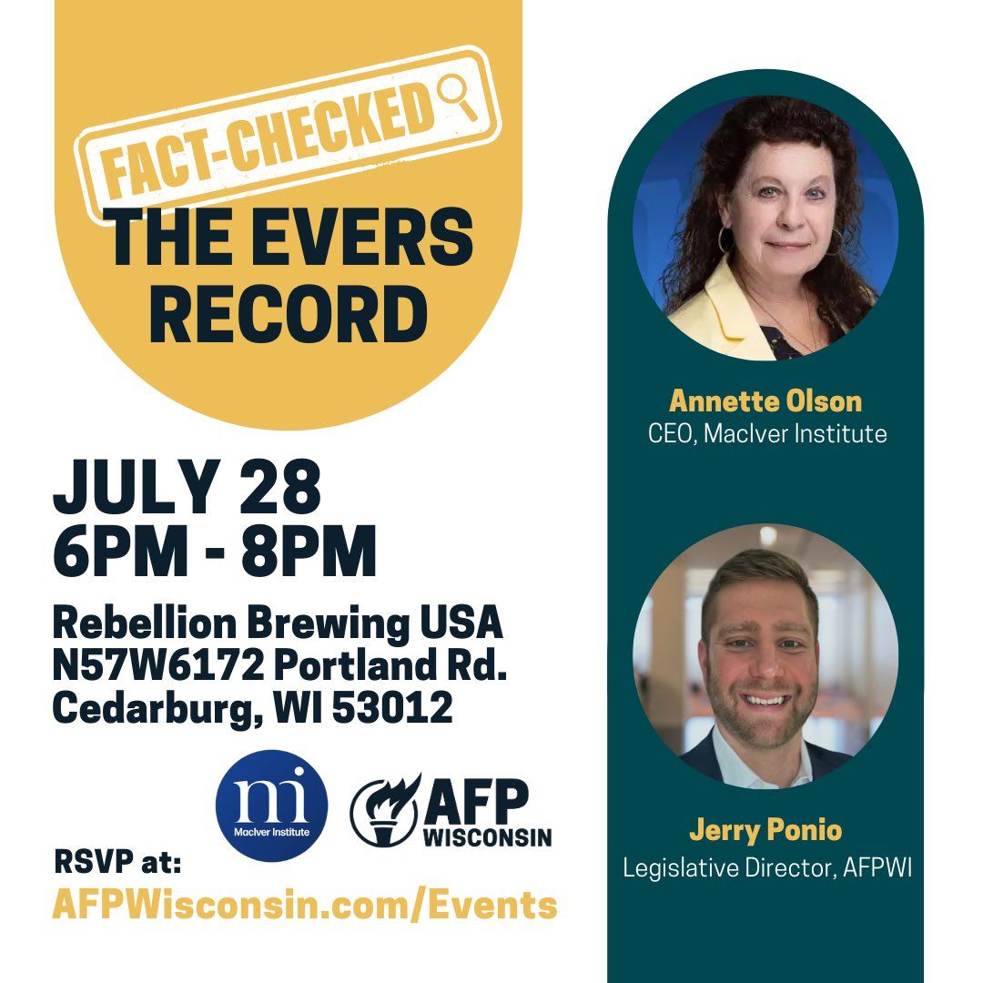 Despite Governor Evers announcing he will not seek re-election, we’ll feel the damage of his policies long after he’s gone. 

Learn more about his 400-year tax increase, failing education record, and soaring energy costs for Wisconsinites with these two policy experts. 

Dinner’s