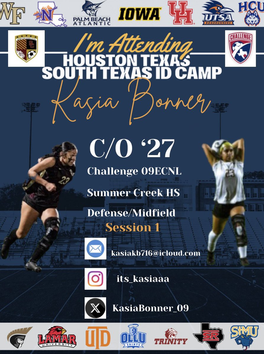 Kasia Bonner (@kasiabonner_09) on Twitter photo I will be attending the South Texas ID camp hosted by <a href="/CollegeSoccerID/">College Soccer ID</a> this weekend #SouthTexasIDcamp #collegesoccer
<a href="/ImYouthSoccer/">ECNL/GA/Recruiting/College Soccer</a>
<a href="/PrepSoccer/">Prep Soccer ⚽️</a>
<a href="/PrepSoccerTX/">Prep Soccer Texas</a>
<a href="/TopDrawerSoccer/">TopDrawerSoccer</a>
<a href="/TheSoccerWire/">SoccerWire</a>
<a href="/ChallengeSoccer/">Challenge Soccer Club</a>
<a href="/Challenge09ECNL/">Challenge 09 ECNL</a>
<a href="/SCWomensSoccer/">SCWomensSoccer</a> I will be attending the South Texas ID camp hosted by <a href="/CollegeSoccerID/">College Soccer ID</a> this weekend #SouthTexasIDcamp #collegesoccer
<a href="/ImYouthSoccer/">ECNL/GA/Recruiting/College Soccer</a>
<a href="/PrepSoccer/">Prep Soccer ⚽️</a>
<a href="/PrepSoccerTX/">Prep Soccer Texas</a>
<a href="/TopDrawerSoccer/">TopDrawerSoccer</a>
<a href="/TheSoccerWire/">SoccerWire</a>
<a href="/ChallengeSoccer/">Challenge Soccer Club</a>
<a href="/Challenge09ECNL/">Challenge 09 ECNL</a>
<a href="/SCWomensSoccer/">SCWomensSoccer</a>