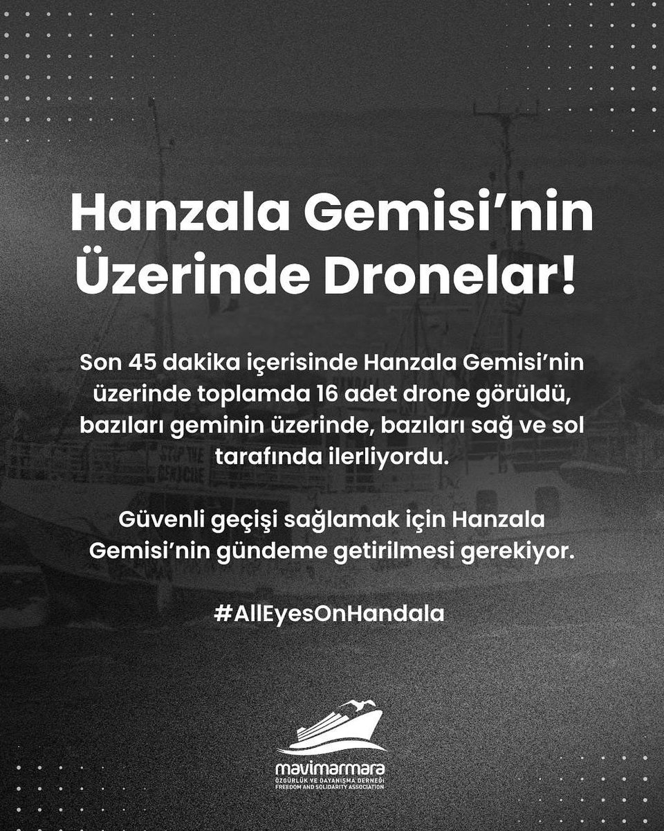 Hanzala Gemisi’nin Üzerinde Drone Tehdidi!

Özgürlük Filosu Koalisyonu’na ait Hanzala Gemisi’nin üzerinde son 45 dakika içerisinde 16 farklı drone tespit edildi. Bazıları doğrudan geminin üzerinde uçarken, bazıları sağ ve sol tarafında gözetleme yaparak ilerliyor.

Bu durum,