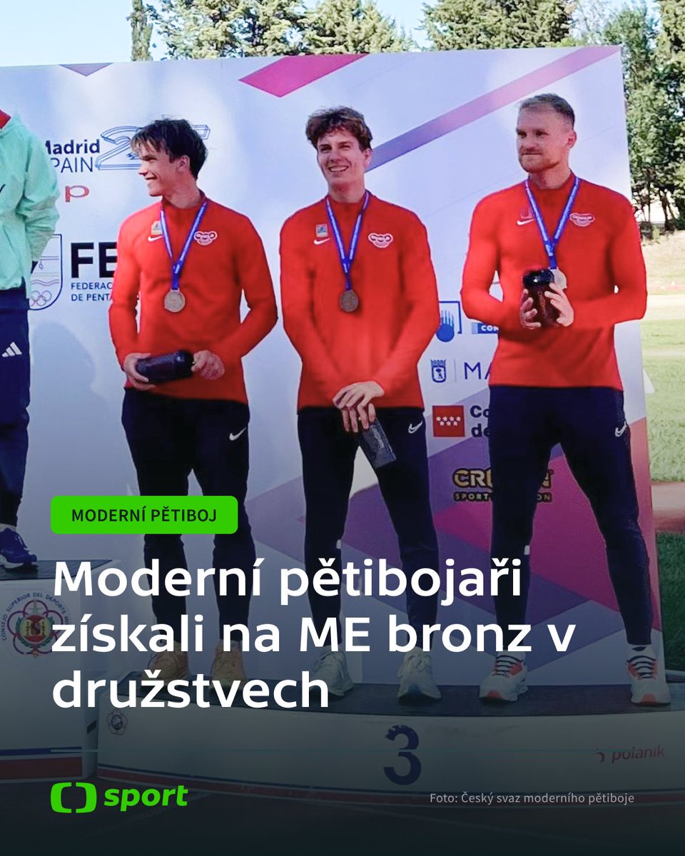 sportCT's tweet image. Jistota medaile byla proměněna v bronzovou skutečnost. 🥉 Moderní pětibojaři Matouš Tůma, Matěj Lukeš a Marek Grycz skončili na mistrovství Evropy v Madridu třetí v družstvech. 👏 Zlato vybojovali Maďaři a stříbro Francouzi. 👍
Více 👉 sport.ceskatelevize.cz/clanek/moderni…