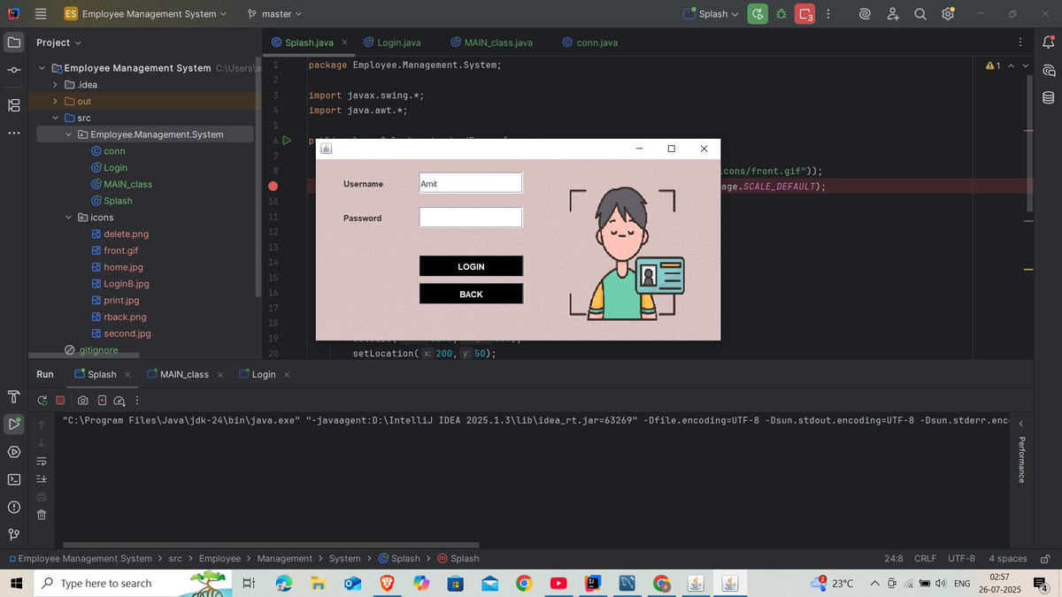 Amiitraiii's tweet image. Today, I took break from regular java lessons and working on building a real world project an EMPLOYEE MANAGEMENT SYSTEM . I successfully developed
1. a clean and secure login page
2. a functional Home Screen for navigation
#javaproject #Webdevelopment #KunalKhuswaha #Devjourny